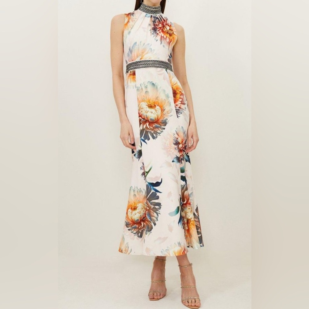 Karen Millen - Tall Diamonte Trim Rose Floral Woven Sleeveless Maxi Dress Sz 10